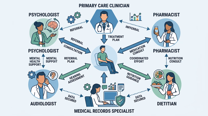 Central patient surrounded by connected professionals including a primary care clinician, pharmacist, dietitian, audiologist, psychologist, and medical records specialist, with simple arrows showing how information and care plans move between team members