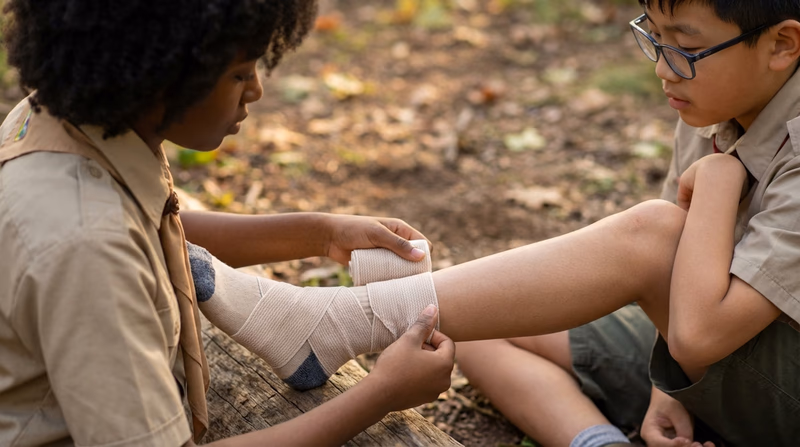 Close-up of a properly wrapped ankle with an elastic bandage demonstrating the compression step of RICE