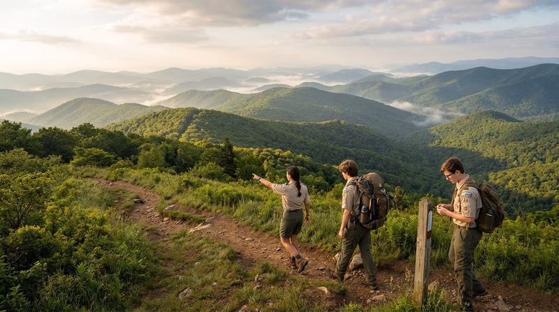 A panoramic view of the Appalachian Trail winding through misty green mountains in the Blue Ridge