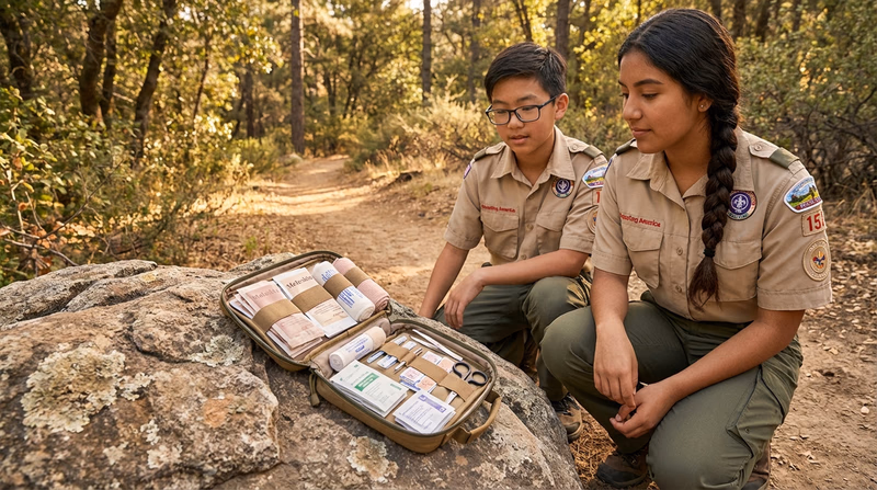 An open first-aid kit on a rock with bandages, moleskin, and antiseptic wipes visible