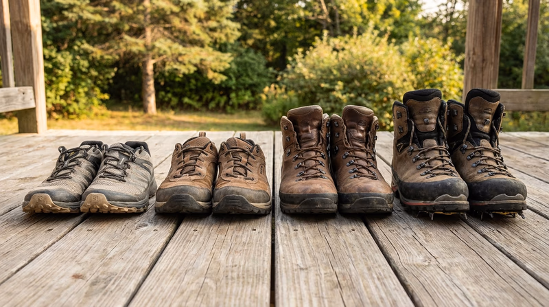 Four types of hiking footwear arranged in a row on a wooden deck