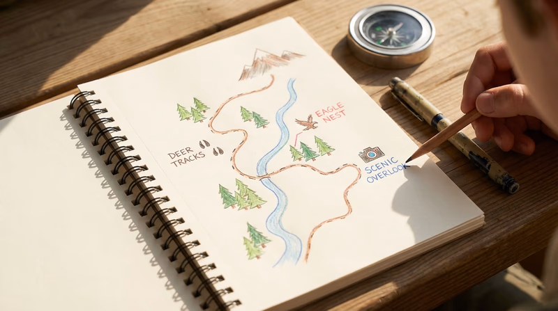 A close-up of a hand-drawn trail map in a notebook with colored pencil annotations