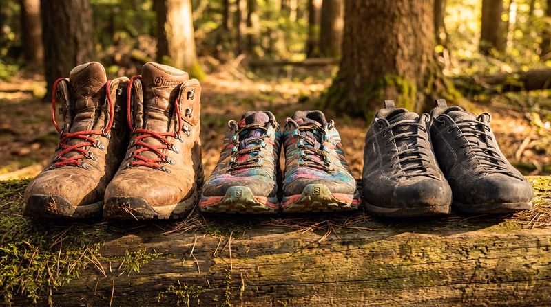 Three types of hiking footwear side by side: hiking boots, trail runners, and approach shoes