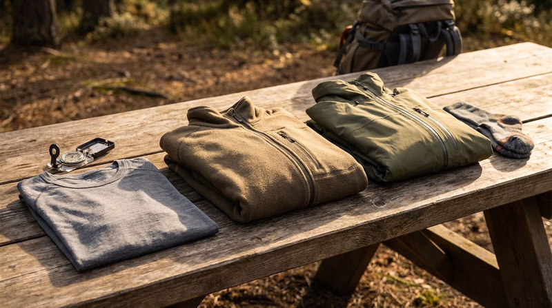 A layering system showing base layer, mid layer, and outer shell laid out on a flat surface