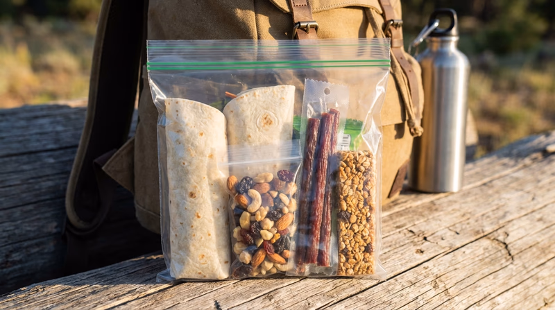 A well-packed trail lunch in a zip-lock bag with wraps, trail mix, jerky, and an energy bar