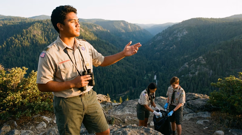 A Scout standing at a scenic overlook looking out at a pristine wilderness valley