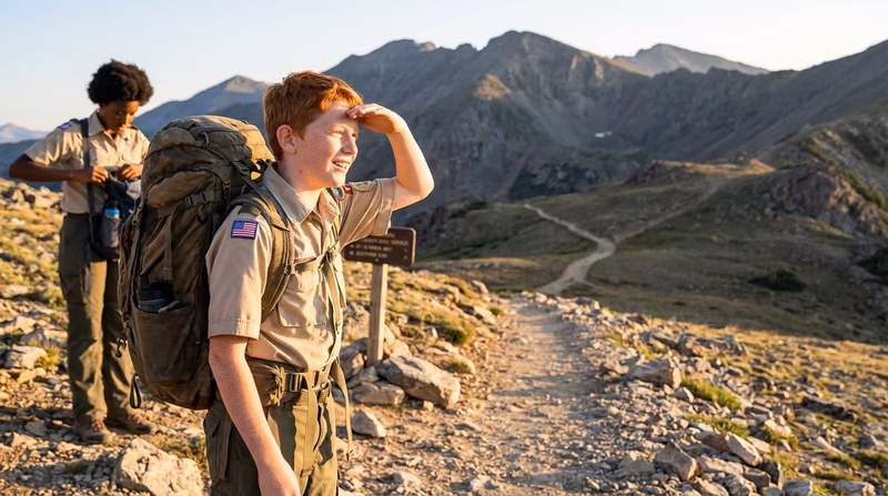 A Scout with a backpack looking out at a mountain trail, excited to start hiking