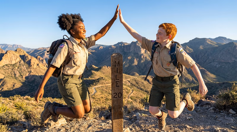 Two Scouts high-fiving at a trail marker with a mountain vista in the background