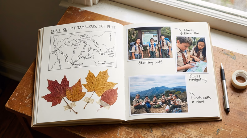 An open scrapbook-style hike report with photos, pressed leaves, and handwritten notes on a desk