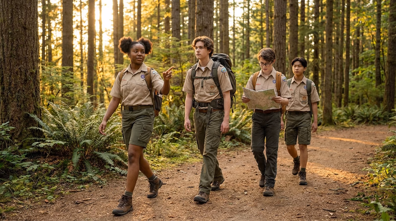 A group of Scouts hiking single-file on a forest trail demonstrating proper trail etiquette