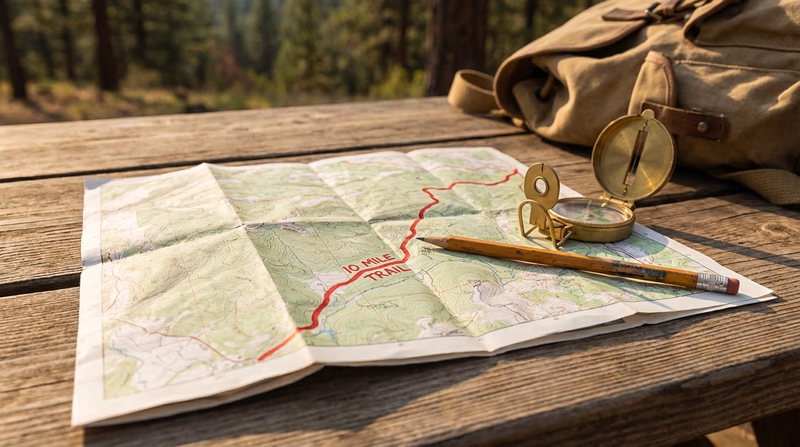 A topographic map spread on a table with a highlighted 10-mile route, compass, and pencil beside it