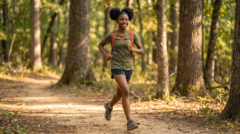 A Scout jogging on a trail with a daypack demonstrating aerobic activity in a natural setting