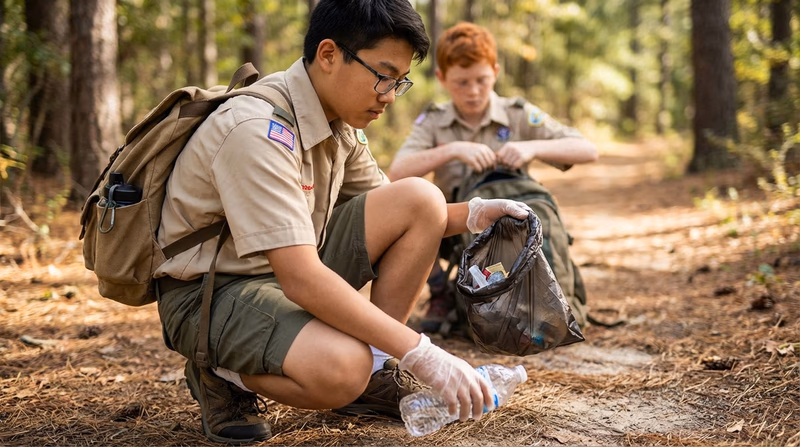 A Scout picking up trail litter and placing it in a small trash bag attached to their pack
