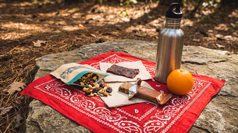 A trail lunch spread on a bandana with trail mix, jerky, an energy bar, a water bottle, and an orange on a flat rock