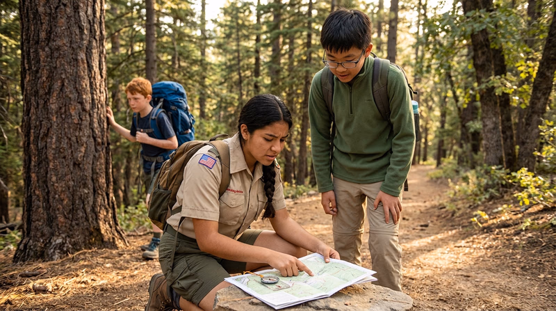 A Scout pausing on a trail to read a map and compass with forest in the background