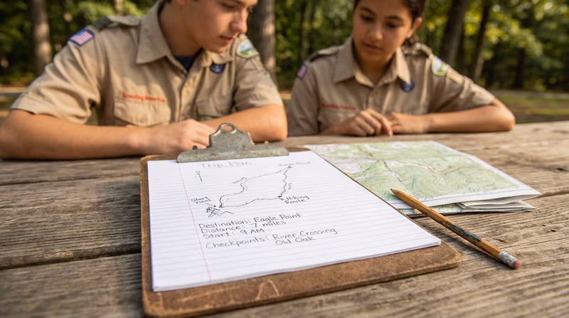 A handwritten trip plan on a clipboard with a map and pencil beside it on a picnic table