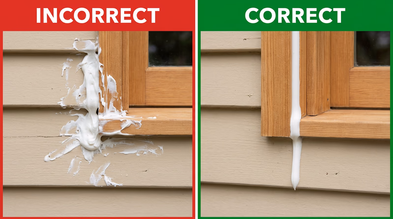 Messy oversized exterior caulk bead compared with a neat bead that follows the joint cleanly