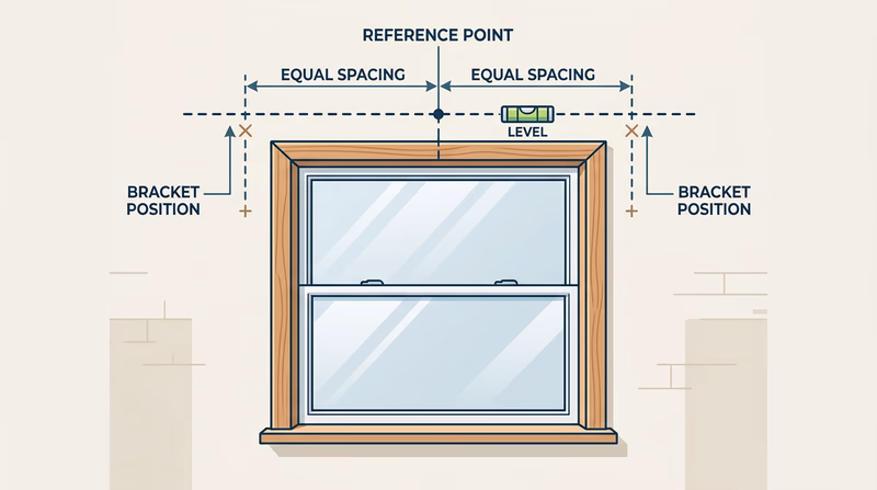 Window diagram showing equal bracket spacing and a level rod line from matching reference points