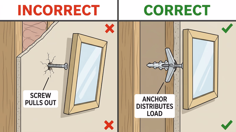 Cutaway wall showing a screw pulling out of bare drywall compared with an anchor spreading the load behind the wall
