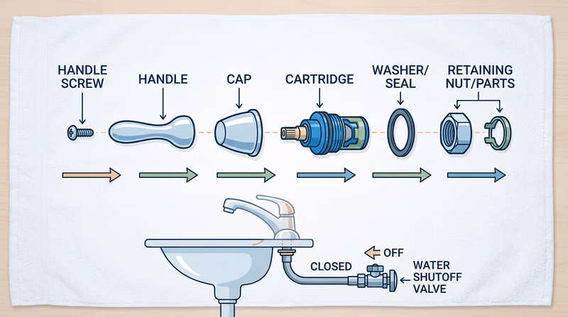 Faucet repair parts laid out in removal order on a towel with the shutoff identified below the sink