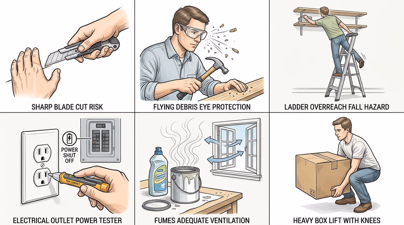 Six common home-repair hazards and their matching safe responses shown in a visual grid