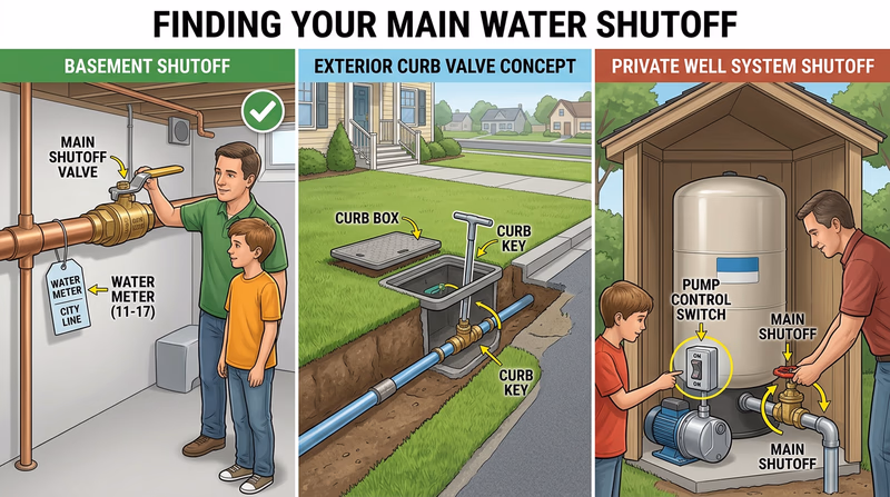 Visual comparison of common main water shutoff setups for municipal water, curb shutoff access, and private well systems