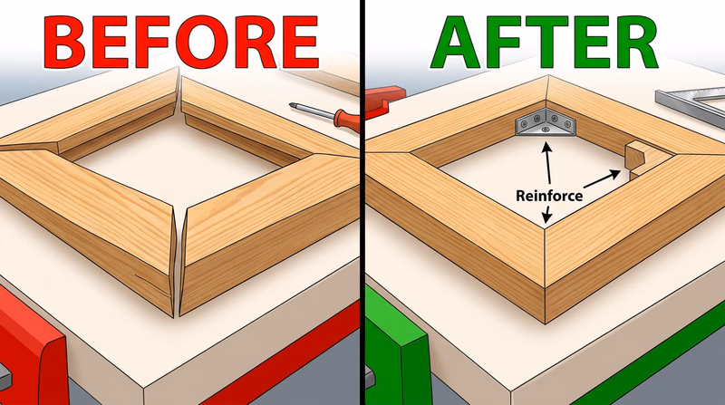 Failing picture-frame corner compared with a neatly reinforced square corner