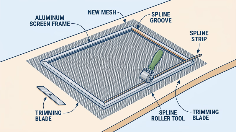 Top-down layout of a screen frame, mesh, spline, and roller tool before assembly