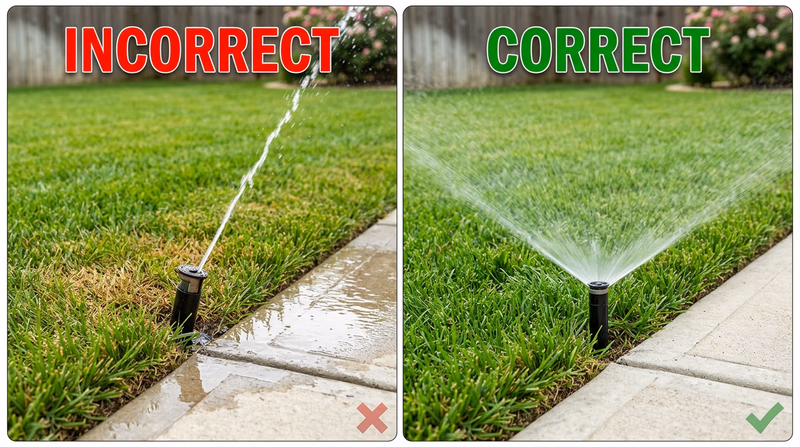 Crooked wasteful sprinkler spray compared with an even spray pattern covering the intended lawn area