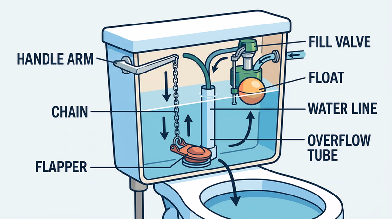 Cutaway toilet tank diagram showing the handle, chain, flapper, fill valve, float, and flush sequence
