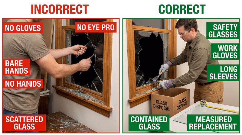 Safe broken-window repair setup with protective gear, contained glass cleanup, and measured replacement pane