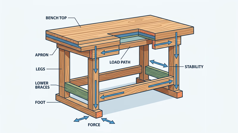 Cutaway diagram of a workbench showing how the top, legs, and braces support the load