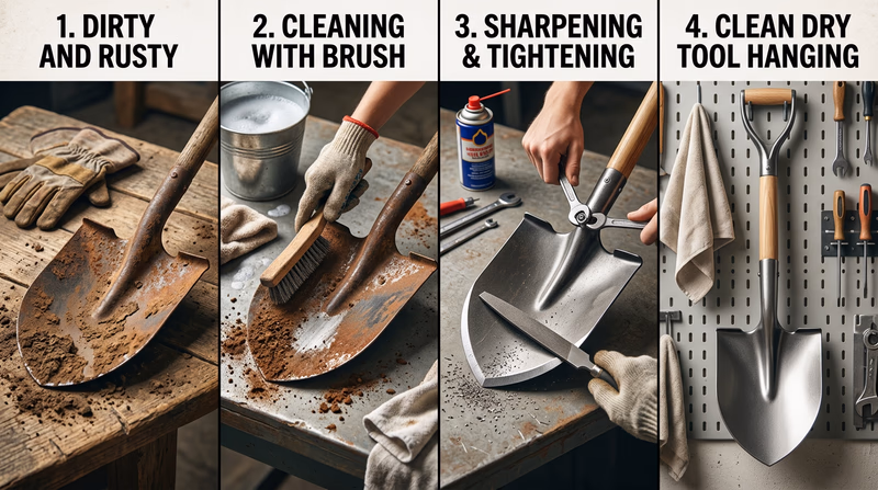 Four-step sequence showing a yard tool before cleaning, during reconditioning, and after proper storage