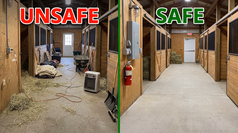Split comparison of an unsafe barn aisle with fire hazards and a properly organized safe barn aisle