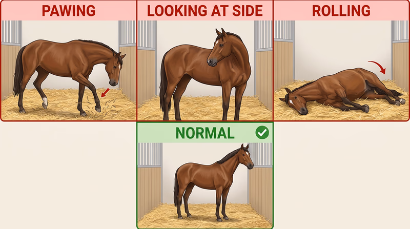 Multi-panel comparison showing a horse pawing, looking at its side, trying to roll, and standing normally for contrast