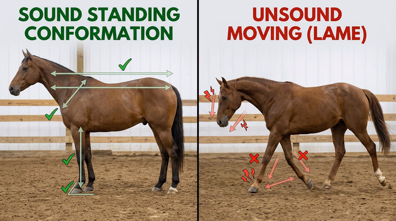 Split comparison of a balanced horse standing square for conformation and a horse moving unevenly to show lameness