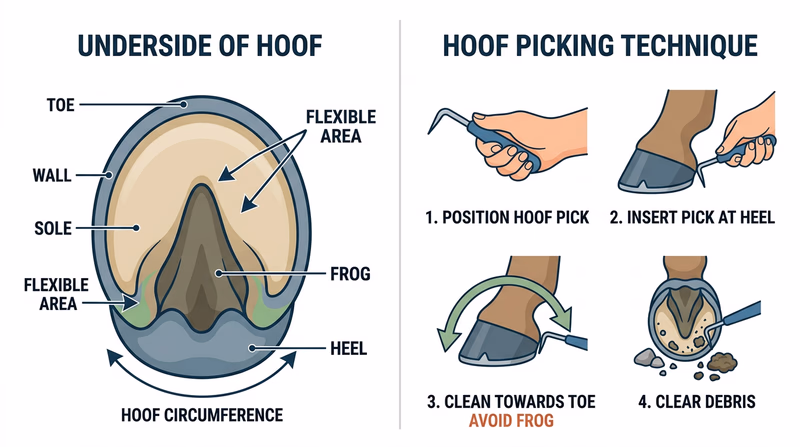 Two-part diagram showing the underside of the hoof with labeled structures and the correct heel-to-toe hoof-picking motion that avoids the frog