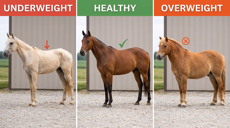 Side-by-side comparison of an underweight horse, a horse in healthy condition, and an overweight easy-keeper pony