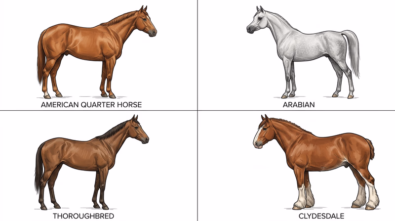 Four-panel comparison of an American Quarter Horse, Arabian, Thoroughbred, and Clydesdale showing their distinct builds side by side