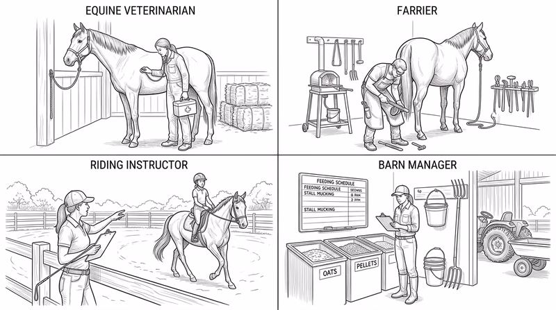 Four-panel overview of horse careers showing an equine veterinarian, farrier, riding instructor, and barn manager at work