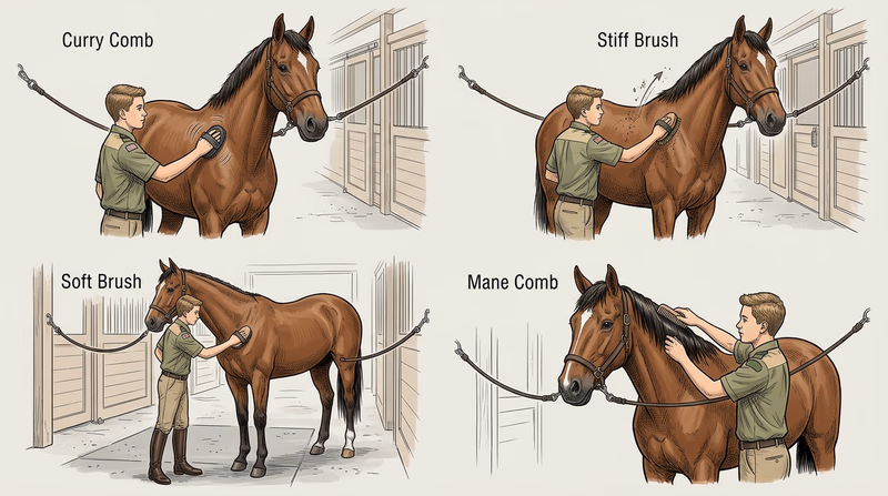 Four-panel grooming sequence showing curry comb, stiff brush, soft brush, and mane comb use on the same horse