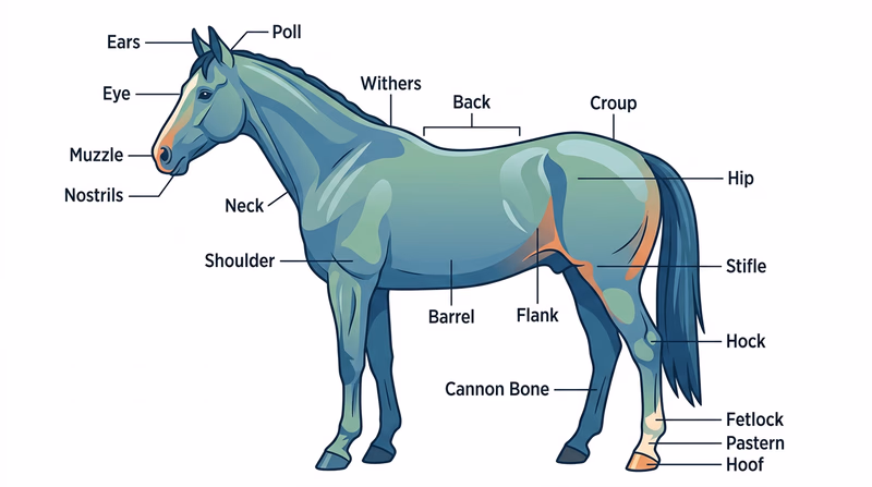 Labeled horse anatomy diagram showing major external body parts such as muzzle, withers, shoulder, flank, hock, fetlock, and hoof