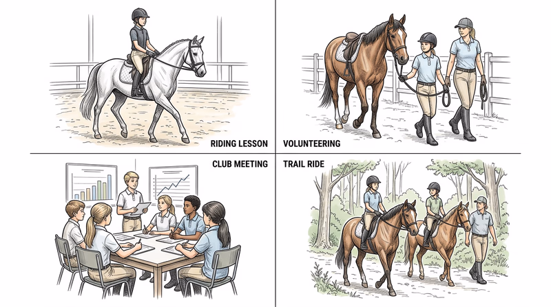 Four-panel comparison of riding lessons, volunteering at a therapeutic riding center, youth horse club participation, and supervised trail riding
