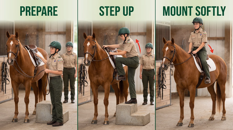 Three-panel sequence showing preparation at the mounting block, stepping into the stirrup, and mounting softly into the saddle