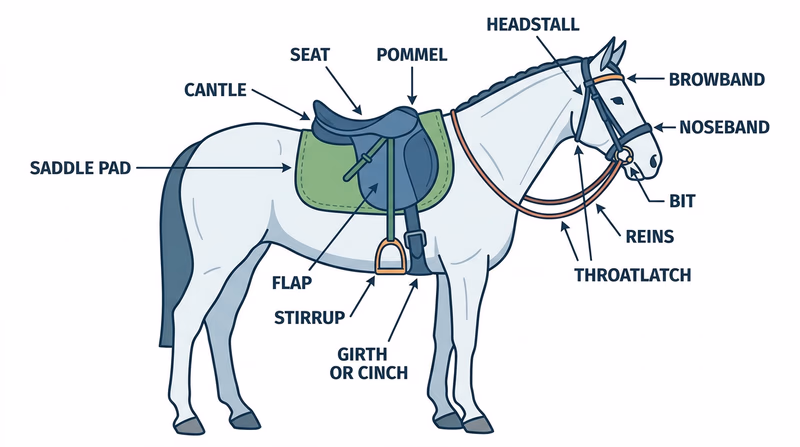 Labeled diagram of a saddled and bridled horse showing major saddle and bridle parts in place