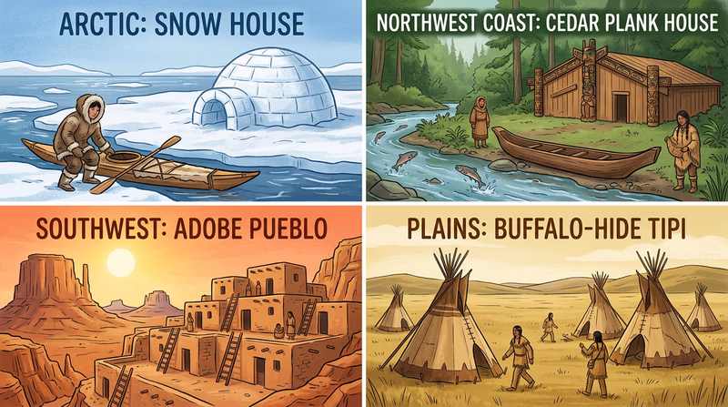 Four-panel comparison of Indigenous homes and environments from the Arctic, Northwest Coast, Southwest, and Plains.