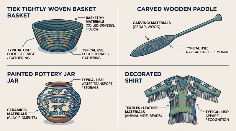 Study grid showing four Indigenous artifacts with visible differences in shape, material, and use.