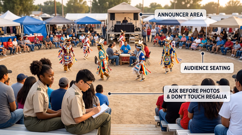Contemporary Native gathering showing arena, audience, and respectful guest observation areas.