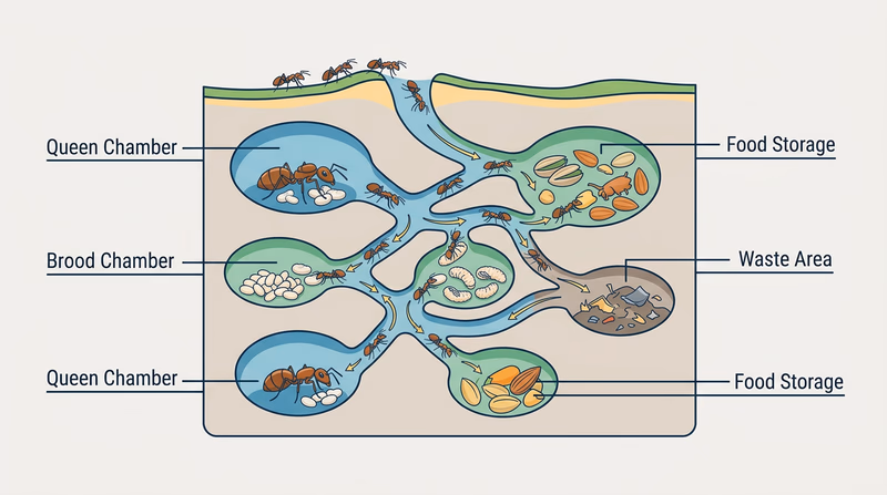 Cutaway diagram of a formicarium with labeled brood chamber, food storage area, queen chamber, connecting tunnels, and waste area, plus visible queen and worker ants
