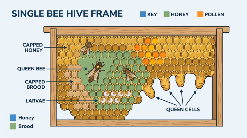 Illustrated hive frame showing the queen, worker brood area, enlarged queen cells, and capped honey sections with simple labels so readers can see how beekeepers read one frame at a glance